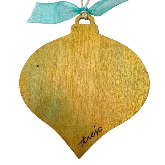 Handcrafted Ornament OOAK Collage Gold Flower & Turquoise Accents 3" Ribbon - Picture 7 of 7